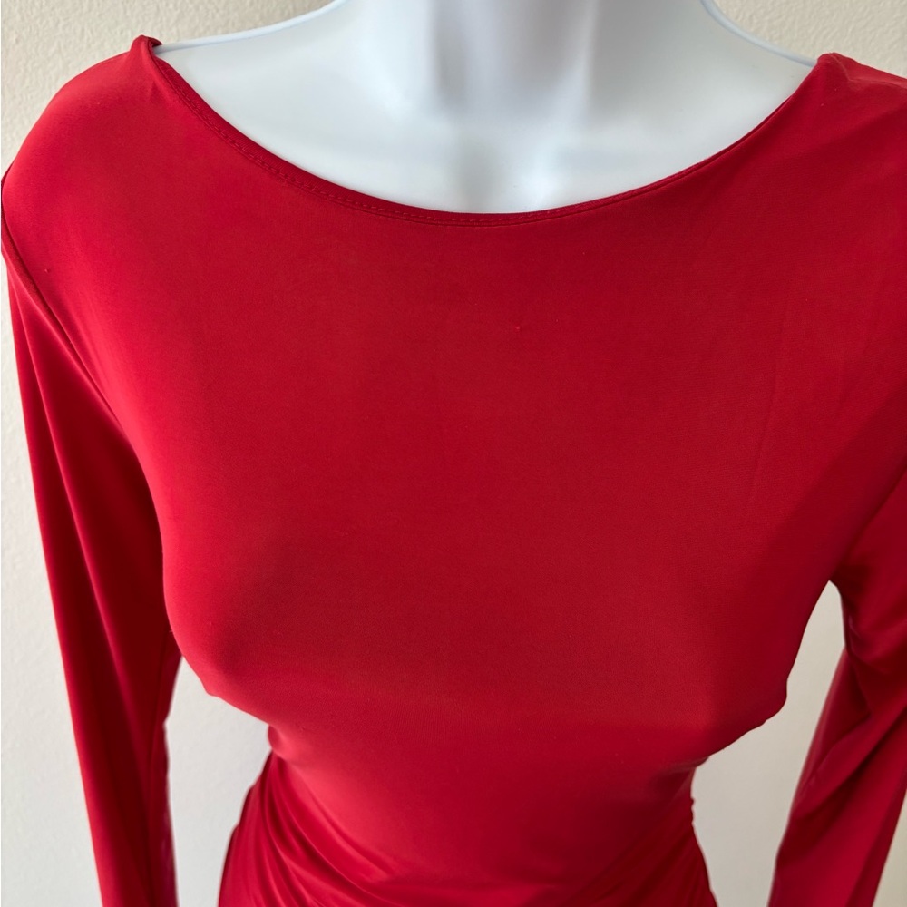 Fashion Nova Dress Medium Red Midi Body Con Backless Ruched Coquette Festival - Picture 8 of 12